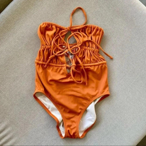 NWT Free People Solid & Striped The Paula One Piece Swimsuit Strapless Orange XS - Picture 8 of 15